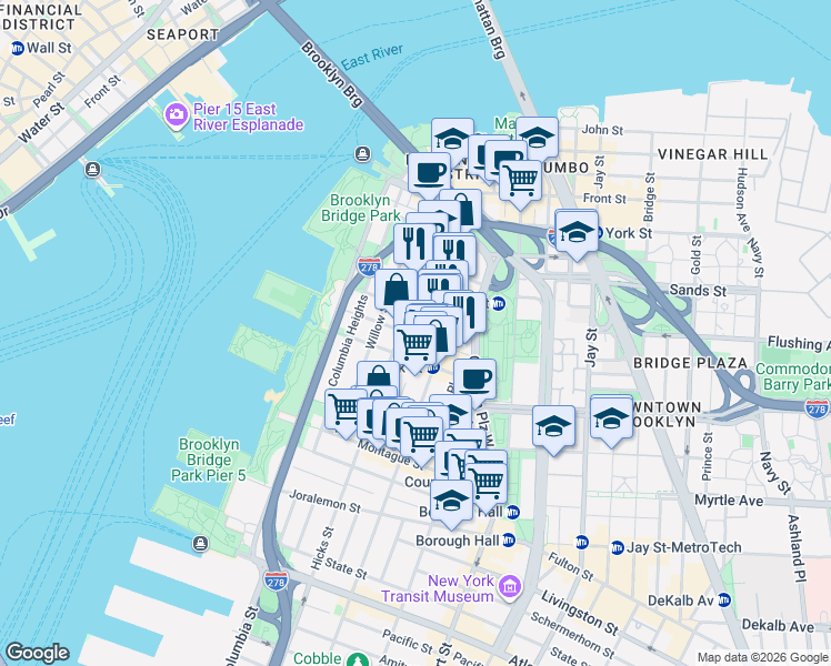 map of restaurants, bars, coffee shops, grocery stores, and more near 80 Clark Street in Brooklyn