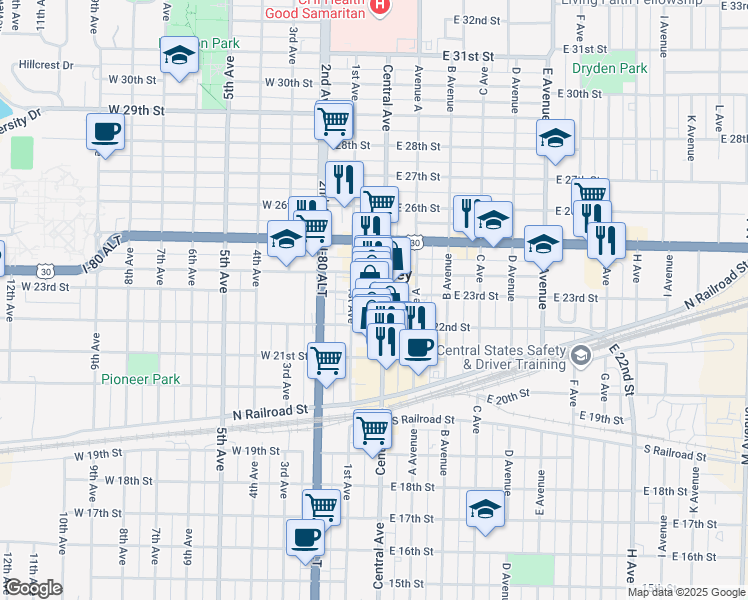 map of restaurants, bars, coffee shops, grocery stores, and more near 99 West 22nd Street in Kearney