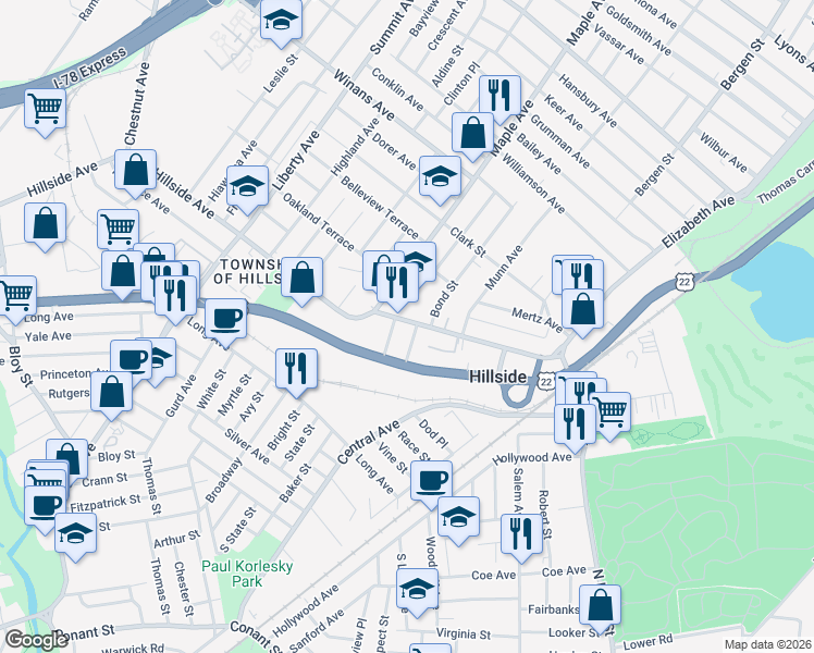 map of restaurants, bars, coffee shops, grocery stores, and more near 1386 Doremus Place in Hillside