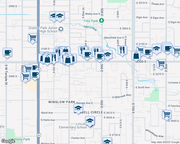 map of restaurants, bars, coffee shops, grocery stores, and more near 428 3335 South Street in Salt Lake City
