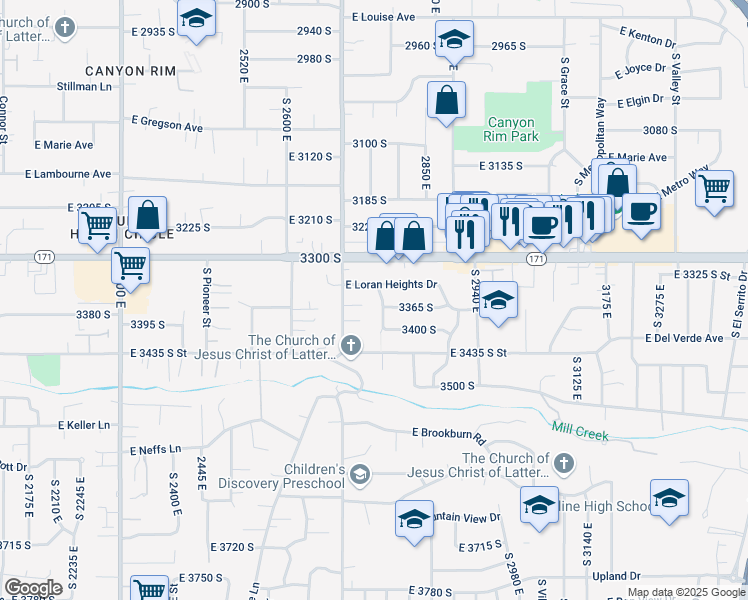 map of restaurants, bars, coffee shops, grocery stores, and more near 3356 Colemere Way in Salt Lake City