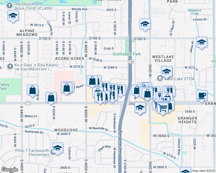 map of restaurants, bars, coffee shops, grocery stores, and more near 3907 West Rockwood Way in West Valley City