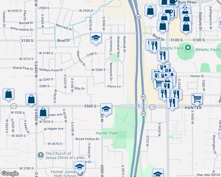 map of restaurants, bars, coffee shops, grocery stores, and more near 5949 Peron Lane in West Valley City