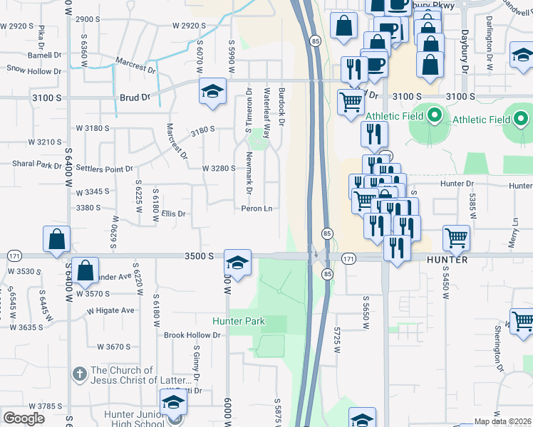 map of restaurants, bars, coffee shops, grocery stores, and more near 5901 Peron Lane in West Valley City