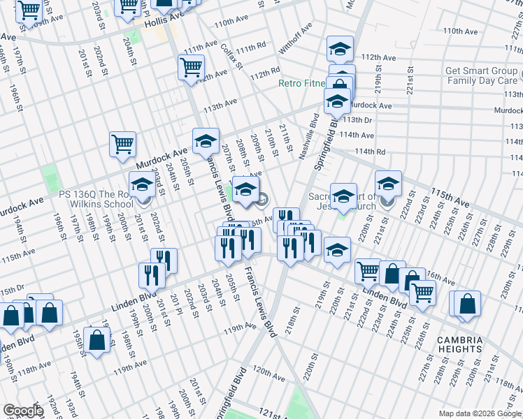 map of restaurants, bars, coffee shops, grocery stores, and more near 207-01 116th Avenue in Queens