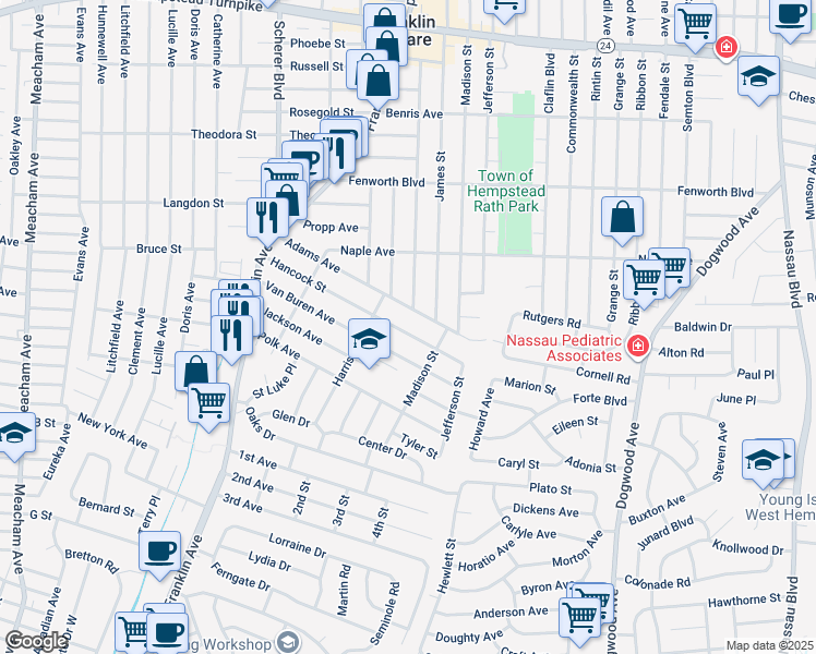 map of restaurants, bars, coffee shops, grocery stores, and more near 929 Hancock Street in Franklin Square