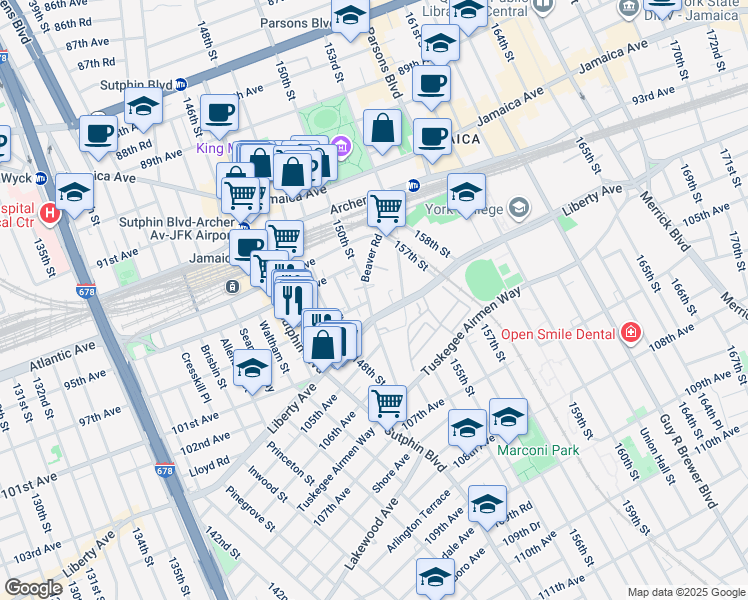map of restaurants, bars, coffee shops, grocery stores, and more near 149-04 97th Avenue in Queens