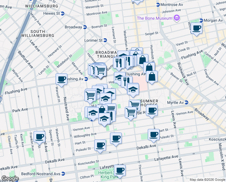 map of restaurants, bars, coffee shops, grocery stores, and more near 760 Park Avenue in Brooklyn