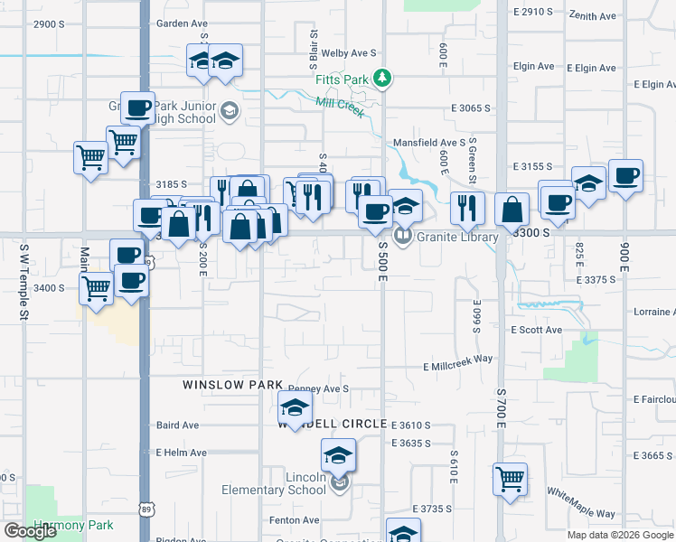 map of restaurants, bars, coffee shops, grocery stores, and more near 428 3335 South in South Salt Lake