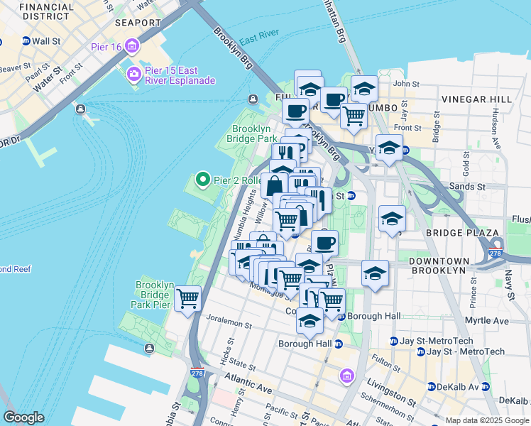 map of restaurants, bars, coffee shops, grocery stores, and more near 21 Clark Street in Brooklyn