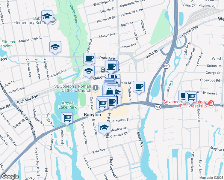 map of restaurants, bars, coffee shops, grocery stores, and more near 90 Deer Park Avenue in Babylon