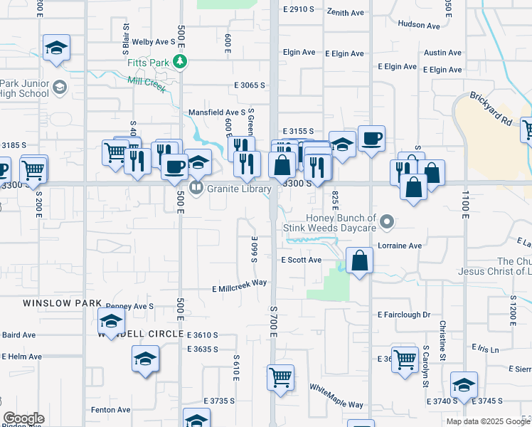 map of restaurants, bars, coffee shops, grocery stores, and more near 3368 South 700 East in Millcreek