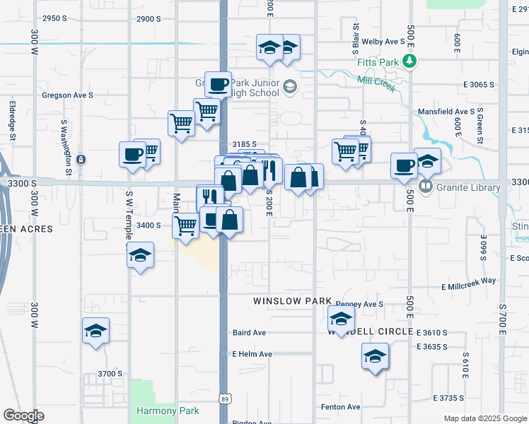 map of restaurants, bars, coffee shops, grocery stores, and more near 3385 South Edison Street in South Salt Lake