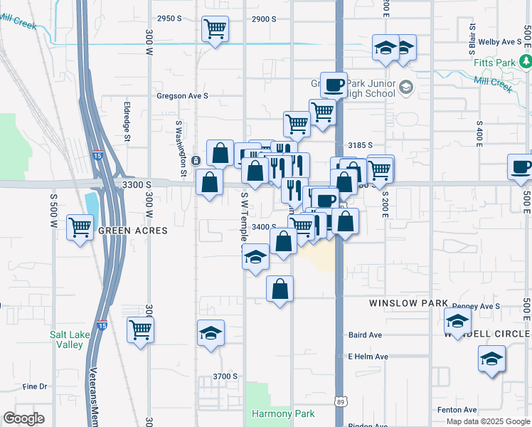 map of restaurants, bars, coffee shops, grocery stores, and more near 48 West 3400 South in South Salt Lake