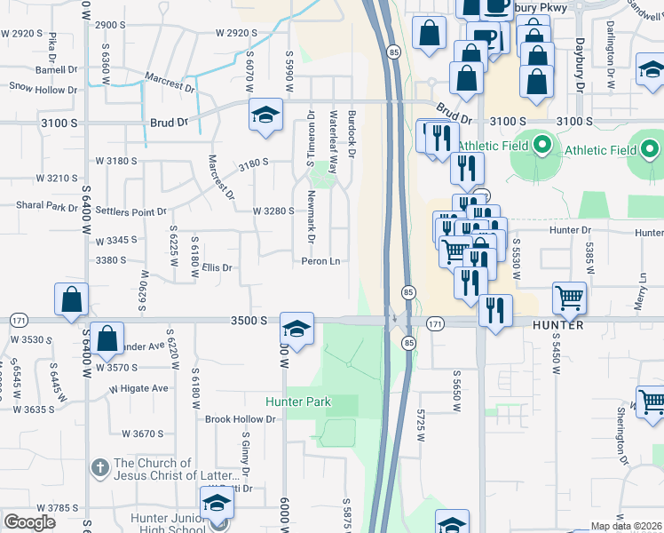 map of restaurants, bars, coffee shops, grocery stores, and more near 5901 Peron Lane in West Valley City