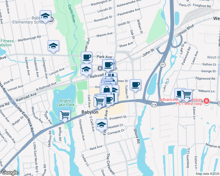 map of restaurants, bars, coffee shops, grocery stores, and more near 90 Deer Park Avenue in Babylon