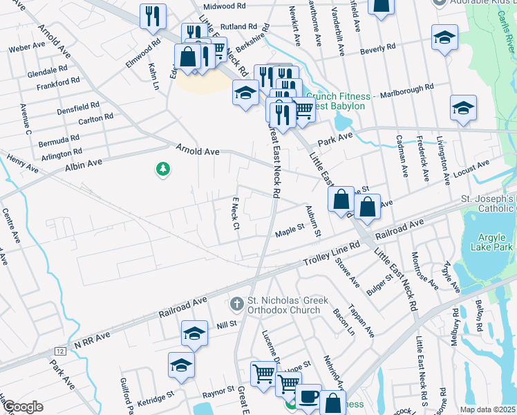 map of restaurants, bars, coffee shops, grocery stores, and more near 7 Tedel Court in West Babylon