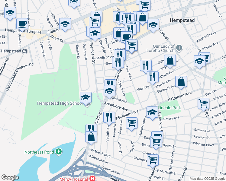 map of restaurants, bars, coffee shops, grocery stores, and more near 579 Peninsula Boulevard in Hempstead