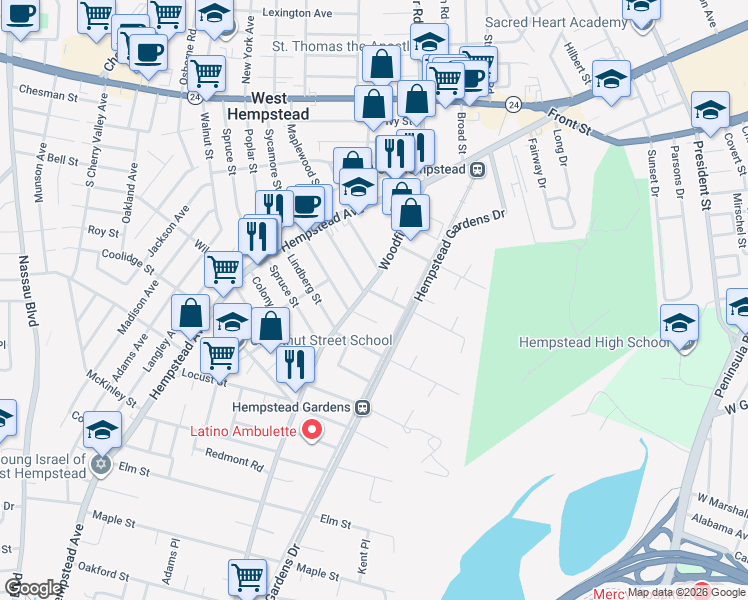 map of restaurants, bars, coffee shops, grocery stores, and more near 423 Berrywood Court in West Hempstead