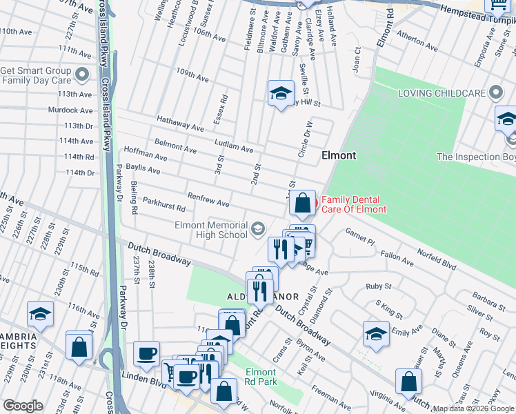 map of restaurants, bars, coffee shops, grocery stores, and more near 2069 Renfrew Avenue in Elmont