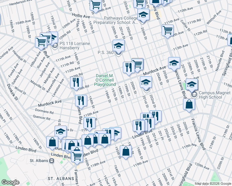map of restaurants, bars, coffee shops, grocery stores, and more near 114-49 197th Street in Queens