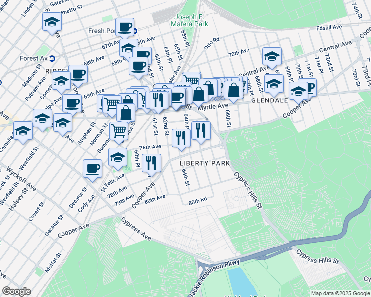map of restaurants, bars, coffee shops, grocery stores, and more near 64-16 Cooper Avenue in Queens