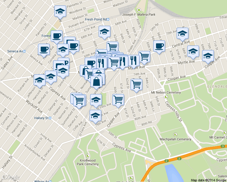 map of restaurants, bars, coffee shops, grocery stores, and more near in Queens