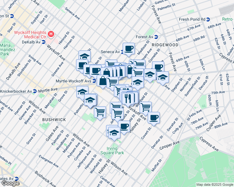 map of restaurants, bars, coffee shops, grocery stores, and more near in Queens