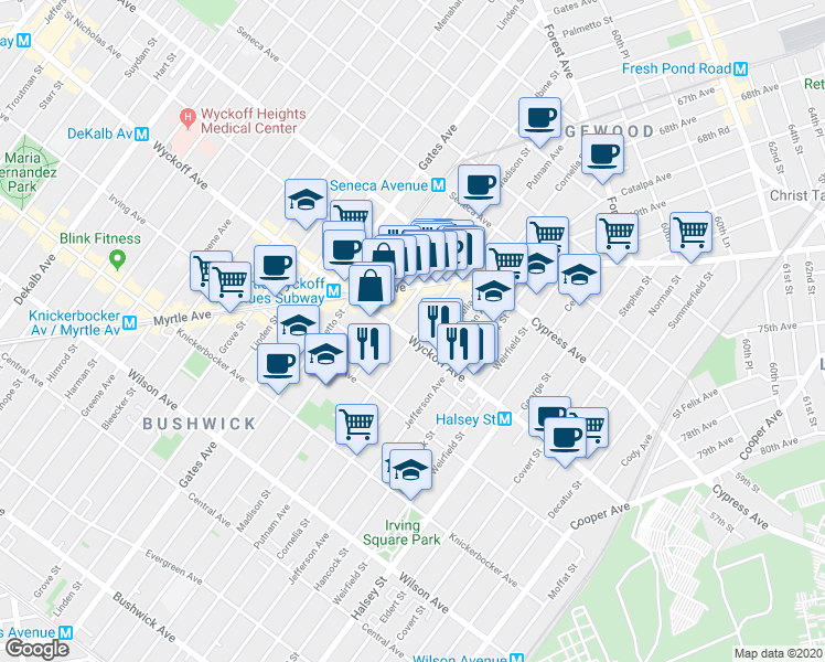 map of restaurants, bars, coffee shops, grocery stores, and more near in Queens