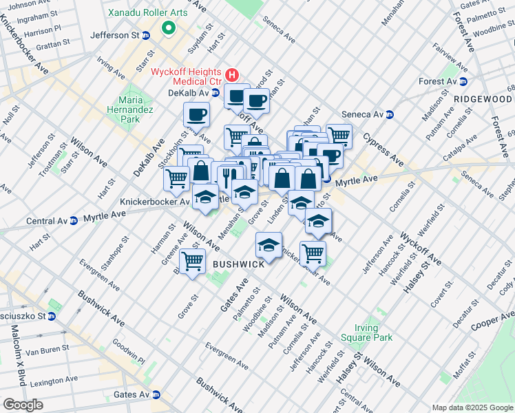 map of restaurants, bars, coffee shops, grocery stores, and more near 288 Grove Street in Brooklyn