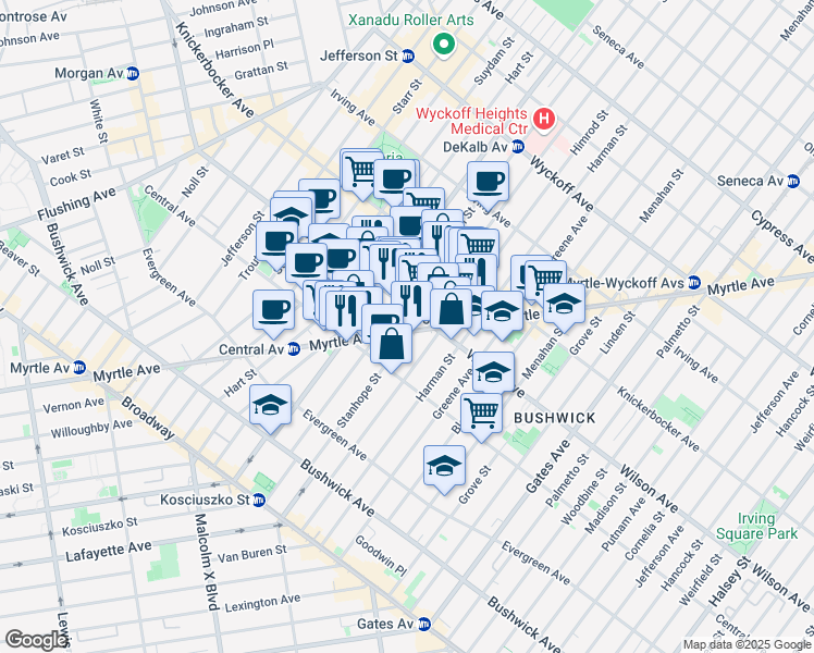 map of restaurants, bars, coffee shops, grocery stores, and more near 132A Stanhope Street in Brooklyn