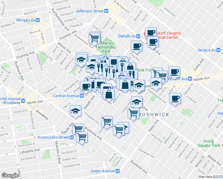 map of restaurants, bars, coffee shops, grocery stores, and more near 132A Stanhope Street in Brooklyn