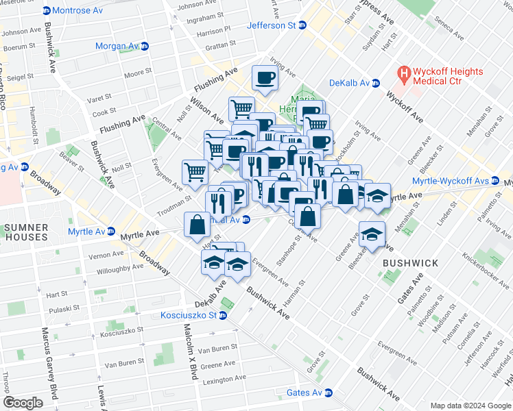 map of restaurants, bars, coffee shops, grocery stores, and more near 89 Cedar Street in Brooklyn