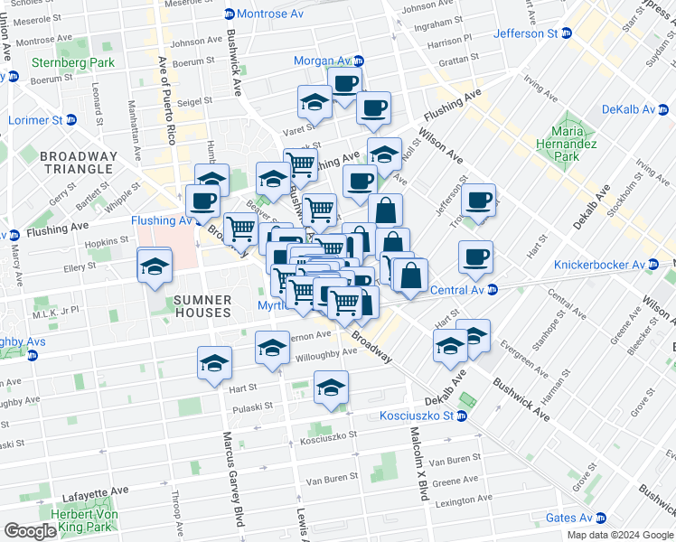 map of restaurants, bars, coffee shops, grocery stores, and more near 34 Melrose Street in Brooklyn