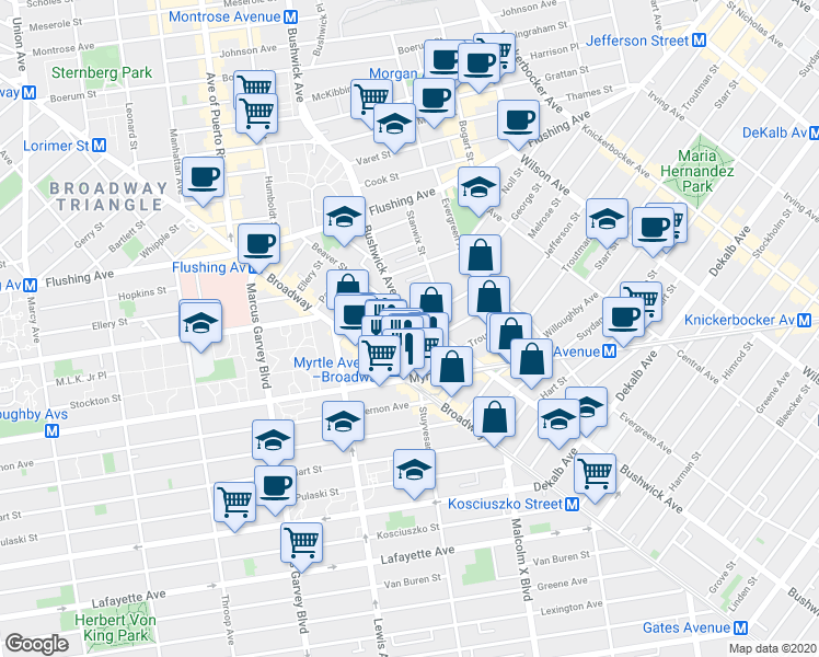 map of restaurants, bars, coffee shops, grocery stores, and more near 34 Melrose Street in Brooklyn