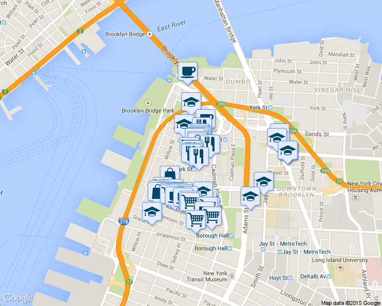 map of restaurants, bars, coffee shops, grocery stores, and more near 80 Clark Street in Brooklyn