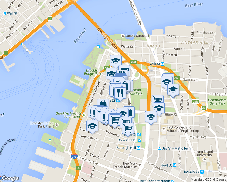 map of restaurants, bars, coffee shops, grocery stores, and more near 80 Clark Street in Brooklyn