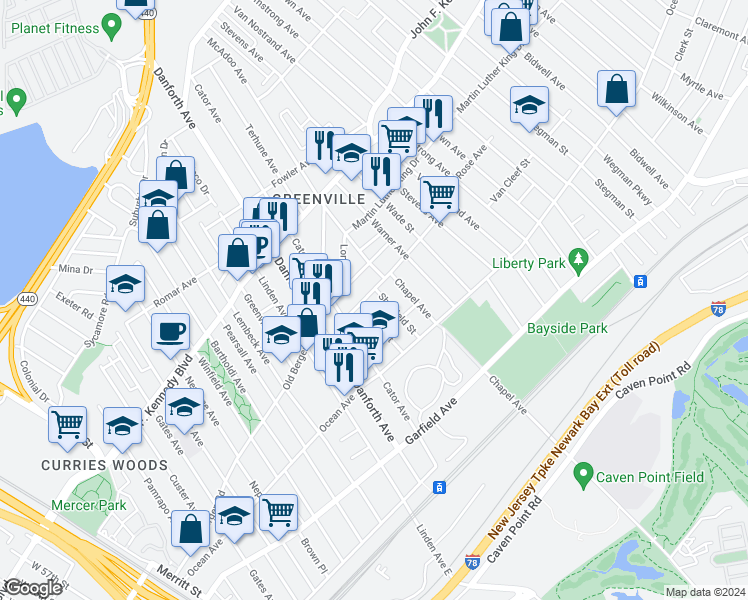 map of restaurants, bars, coffee shops, grocery stores, and more near 33 Sheffield Street in Jersey City