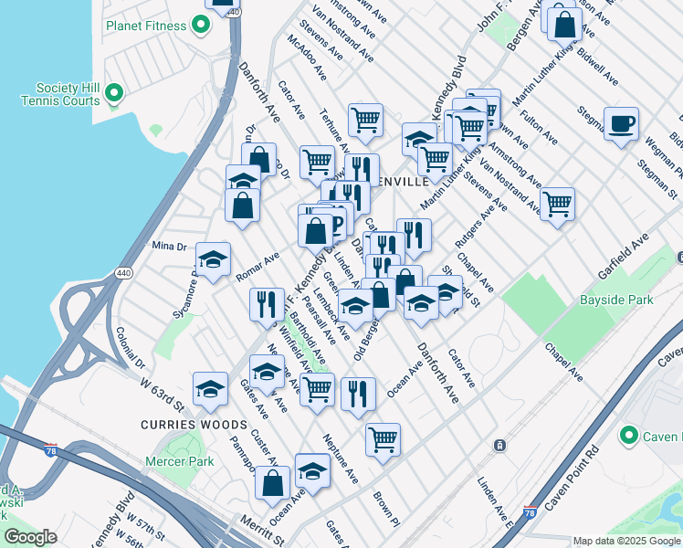 map of restaurants, bars, coffee shops, grocery stores, and more near 199 Linden Avenue in Jersey City