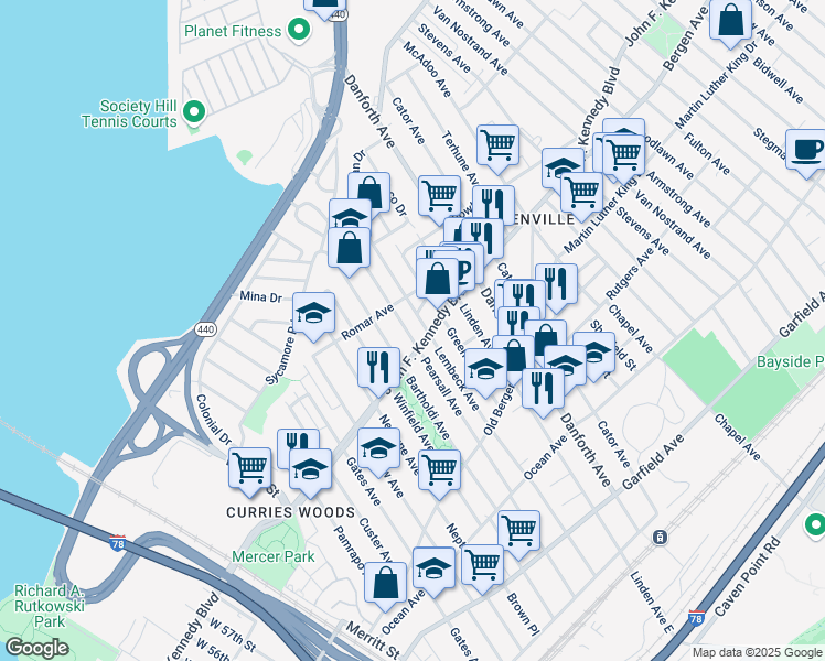 map of restaurants, bars, coffee shops, grocery stores, and more near 1657 John F. Kennedy Boulevard in Jersey City