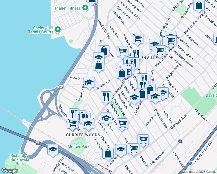 map of restaurants, bars, coffee shops, grocery stores, and more near 274 Winfield Avenue in Jersey City