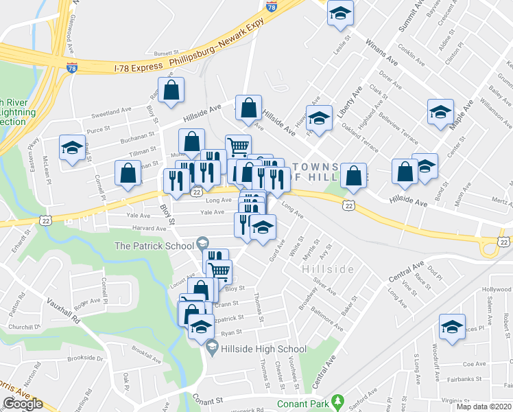 map of restaurants, bars, coffee shops, grocery stores, and more near 422 New York Place in Hillside
