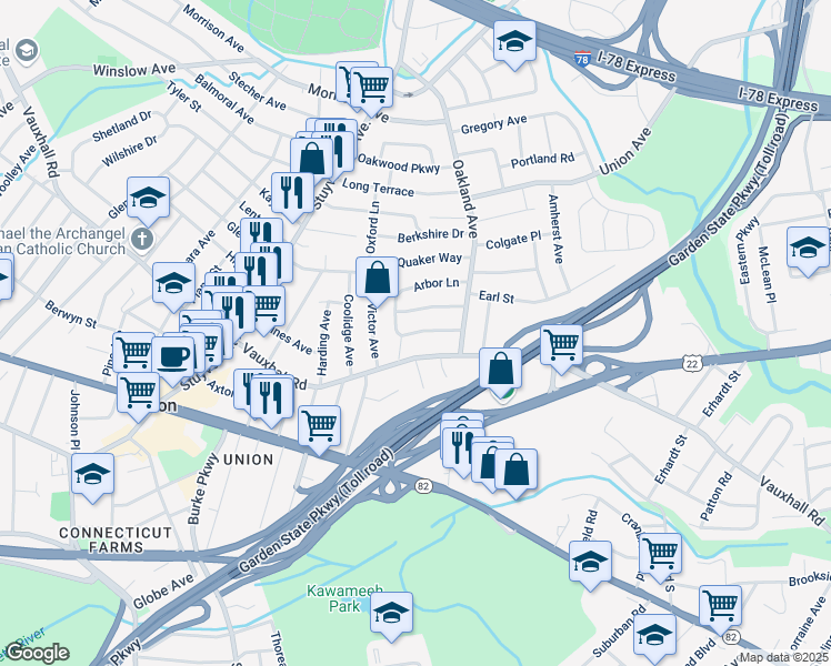 map of restaurants, bars, coffee shops, grocery stores, and more near 1845 Vauxhall Road in Union