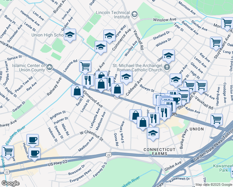 map of restaurants, bars, coffee shops, grocery stores, and more near 2156 Morris Avenue in Union