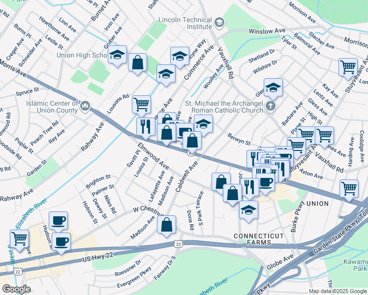 map of restaurants, bars, coffee shops, grocery stores, and more near 2190 Morris Avenue in Union