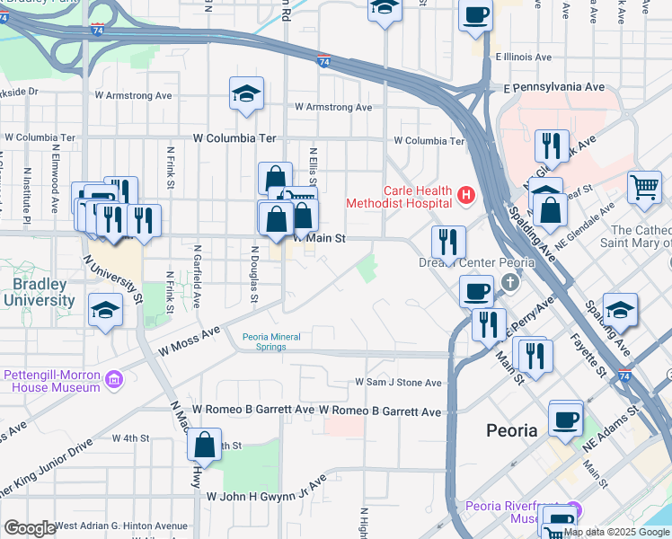 map of restaurants, bars, coffee shops, grocery stores, and more near 504 West High Street in Peoria