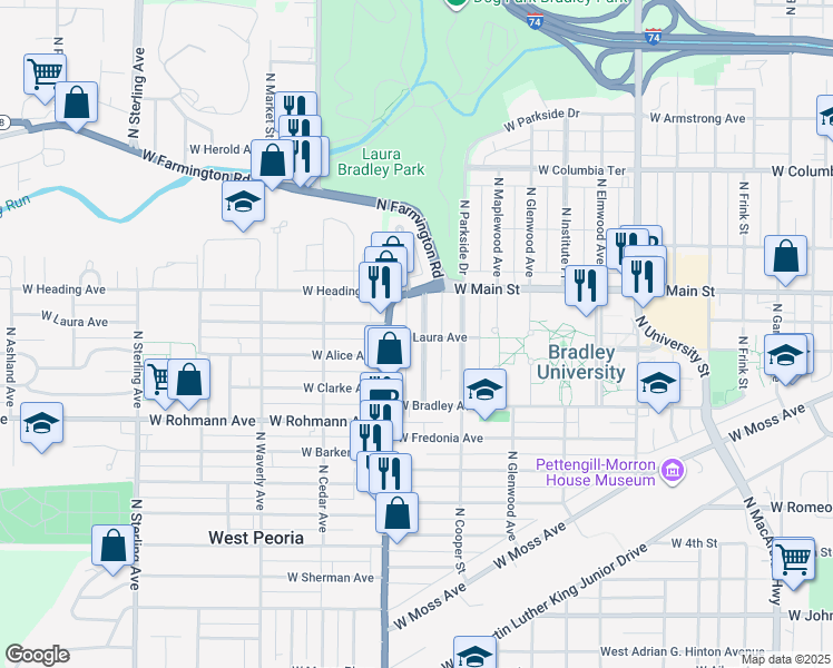 map of restaurants, bars, coffee shops, grocery stores, and more near 837 N Rebecca Pl in Peoria