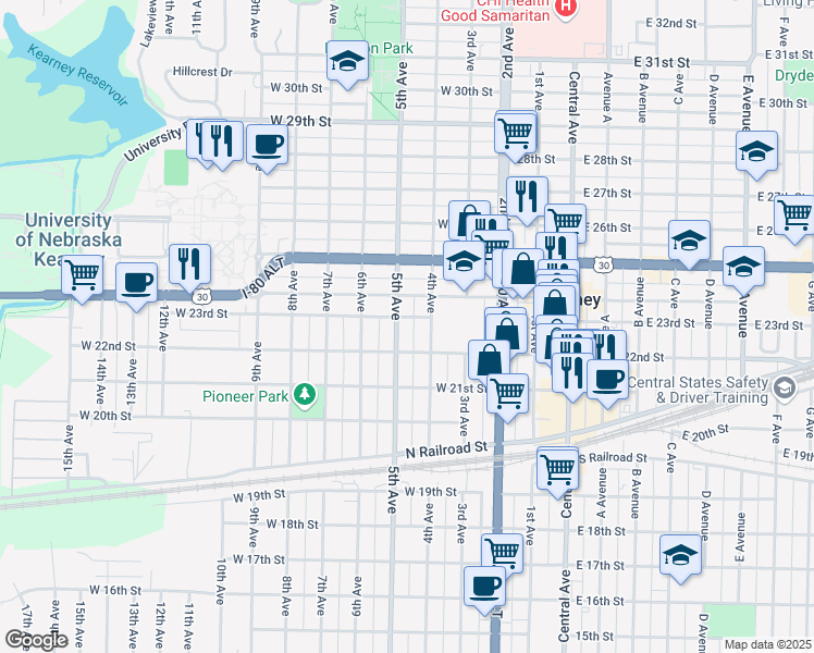 map of restaurants, bars, coffee shops, grocery stores, and more near 421 West 22nd Street in Kearney