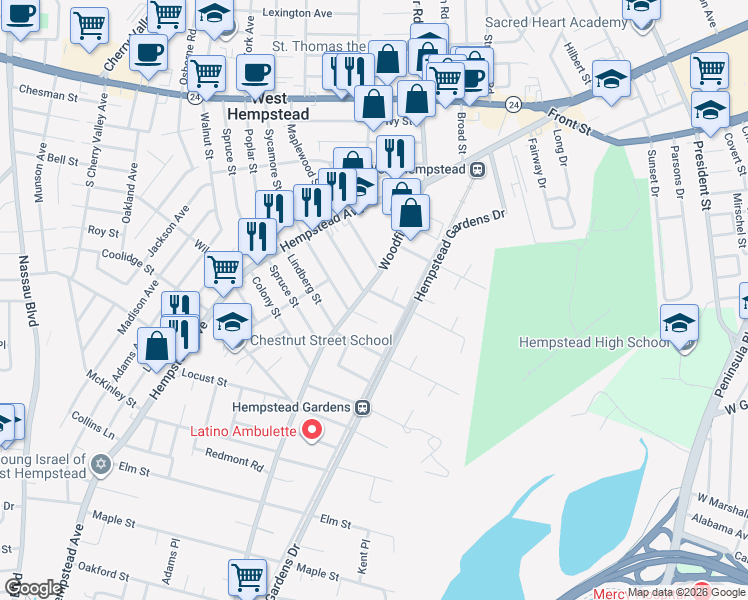 map of restaurants, bars, coffee shops, grocery stores, and more near 423 Berrywood Court in West Hempstead
