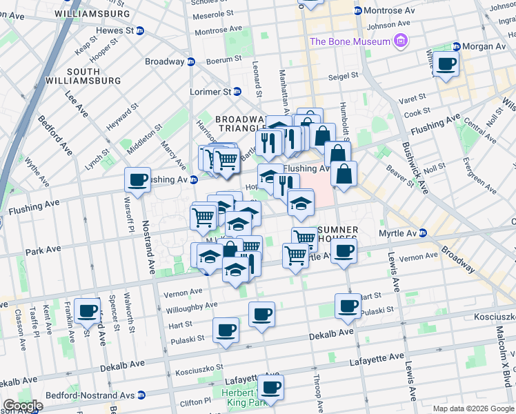 map of restaurants, bars, coffee shops, grocery stores, and more near 760 Park Avenue in Brooklyn